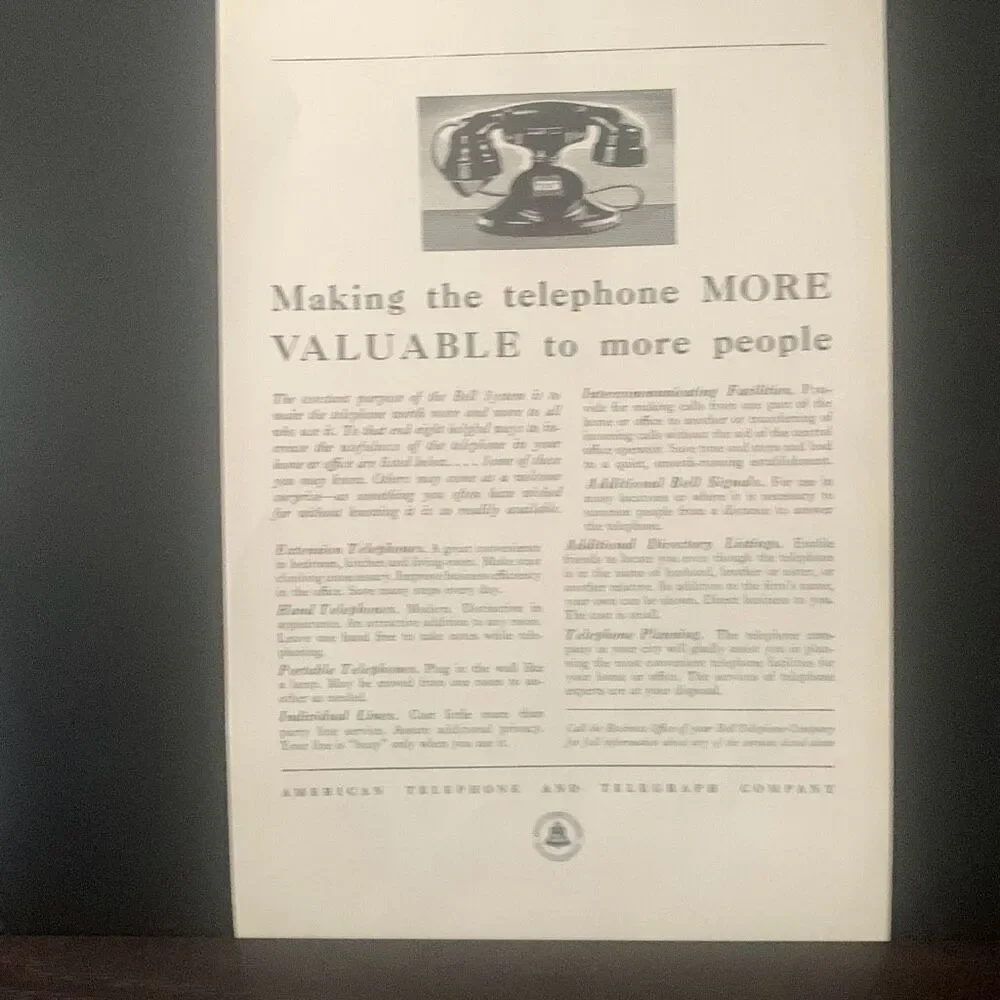 Vintage 1933 American Telephone & Telegraph AT&T More Valuable Ad Advertisement